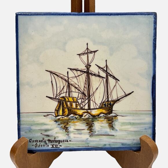 Portuguese Tile Ship Caravela Secula Handpainted Battistini de Maria de Portugal - Picture 1 of 12